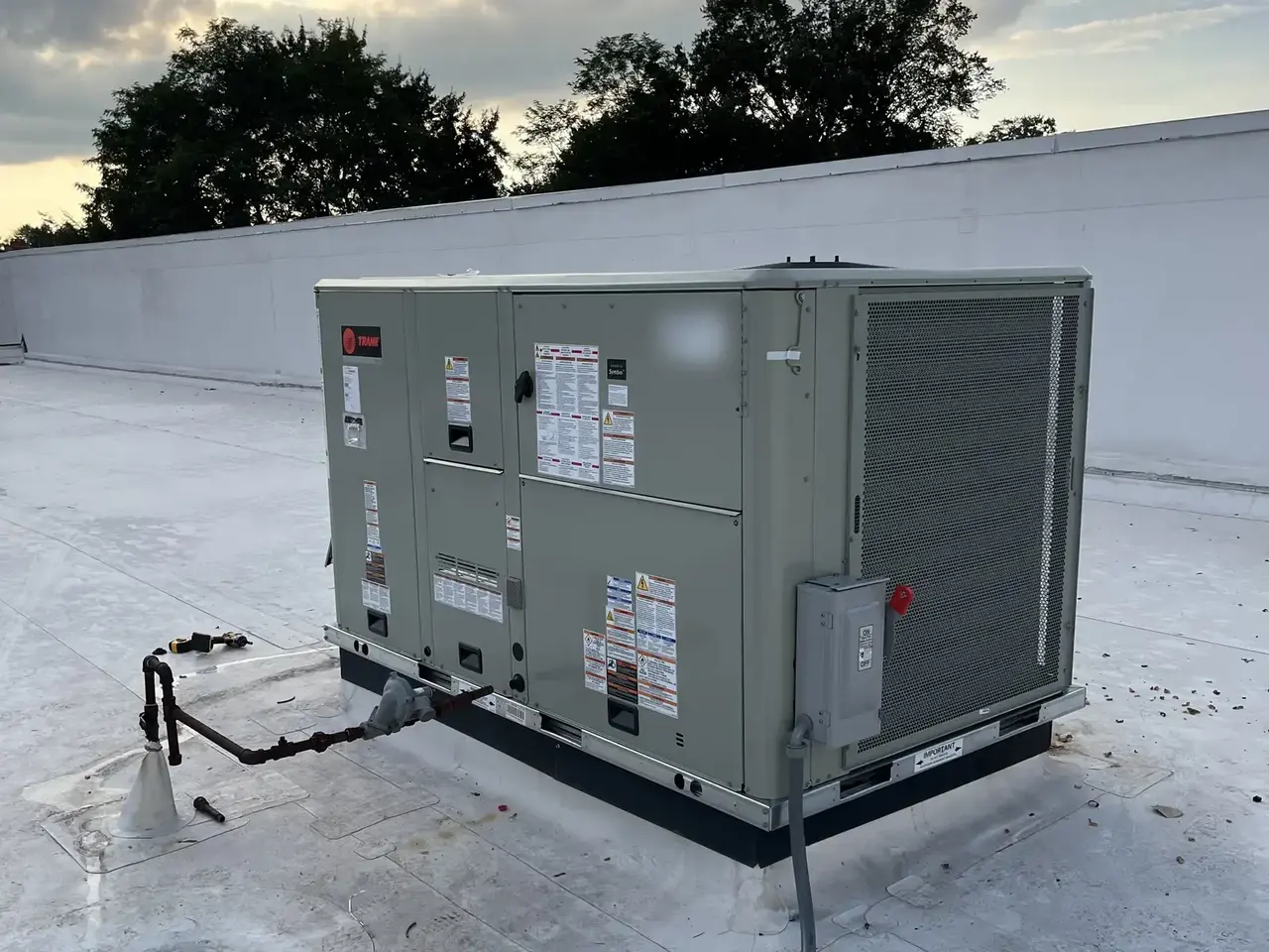 Commercial rooftop packaged HVAC unit viewed from the service side